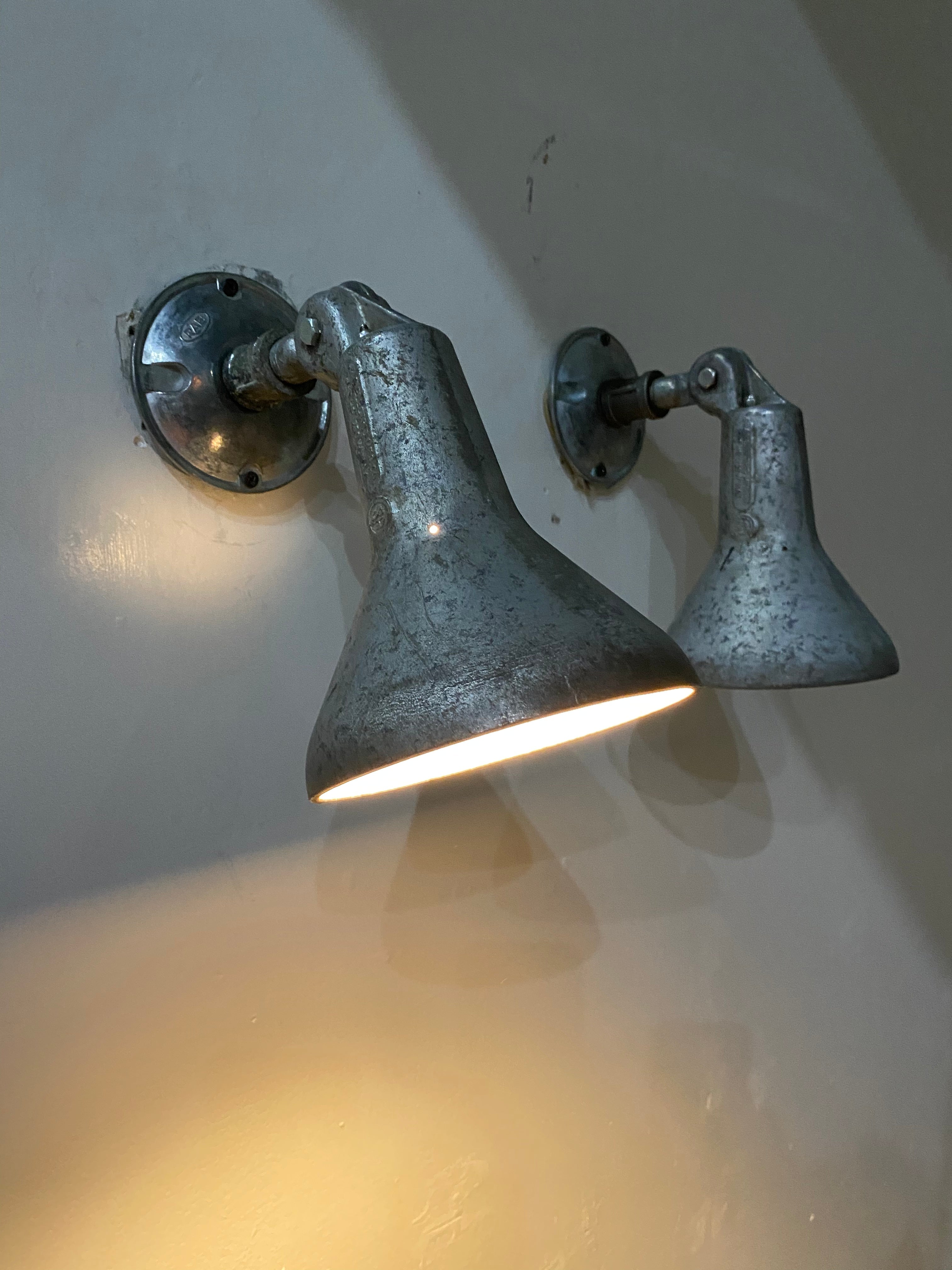 1960 pair  of galvanized articulating Wall sconce lights by RAB | Scott Landon Antiques and Interiors.