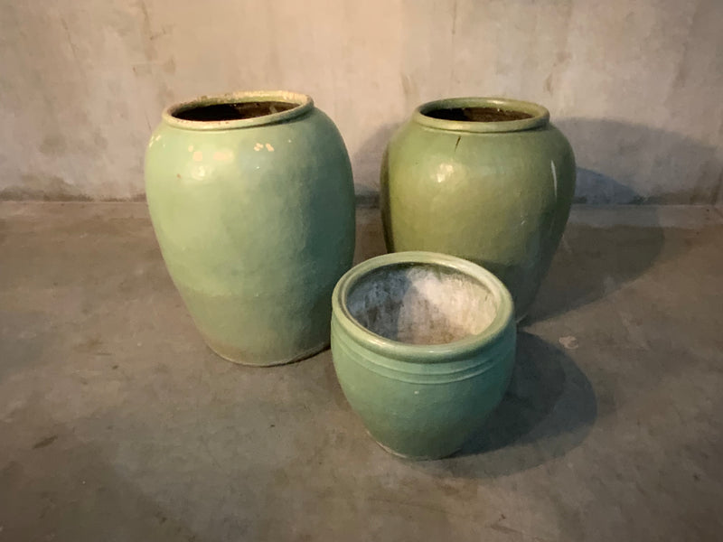 Early 20thc  Large Glazed Stoneware Celedon planters | Scott Landon Antiques and Interiors.