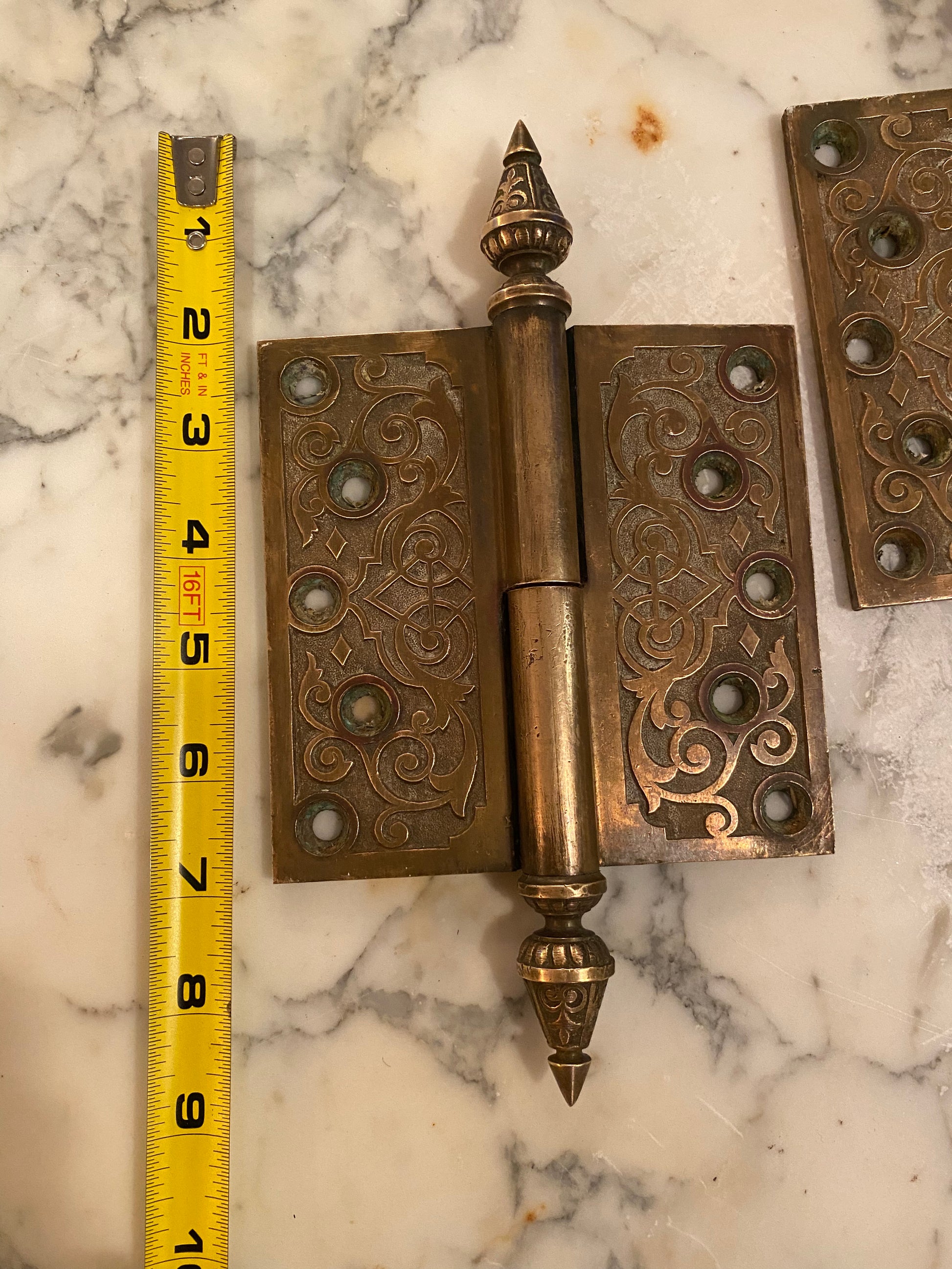 1910 PAIR OF LARGE SOLID CAST BRASS DOOR HINDGES | Scott Landon Antiques and Interiors.