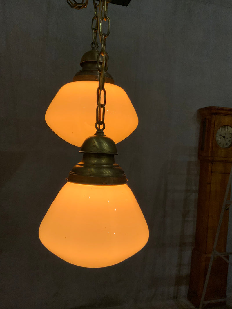 1920 strong brass SCHOOLHOUSE Style milk glass pendants | Scott Landon Antiques and Interiors.