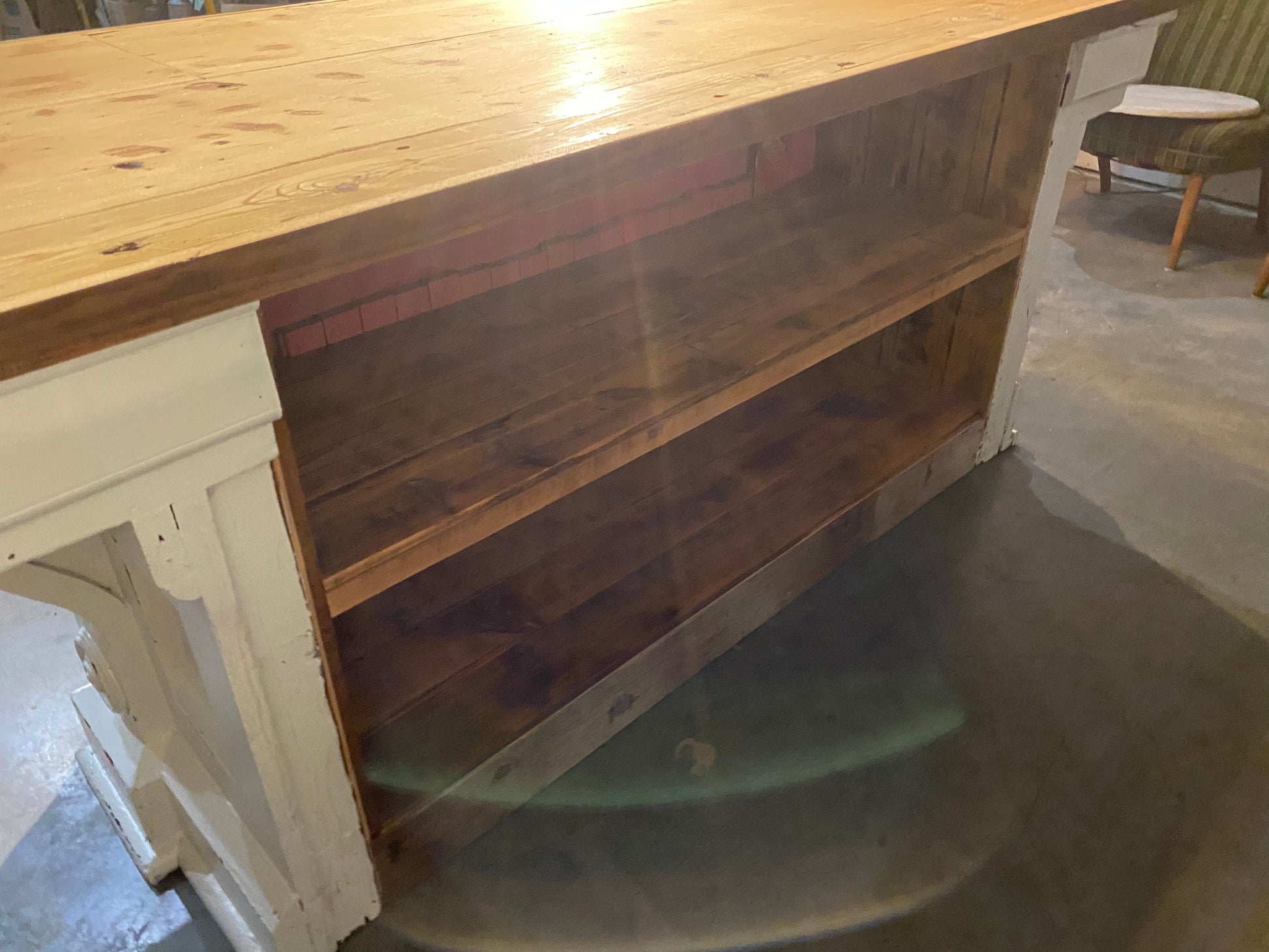 19th century general store counter in old paint | Scott Landon Antiques and Interiors.