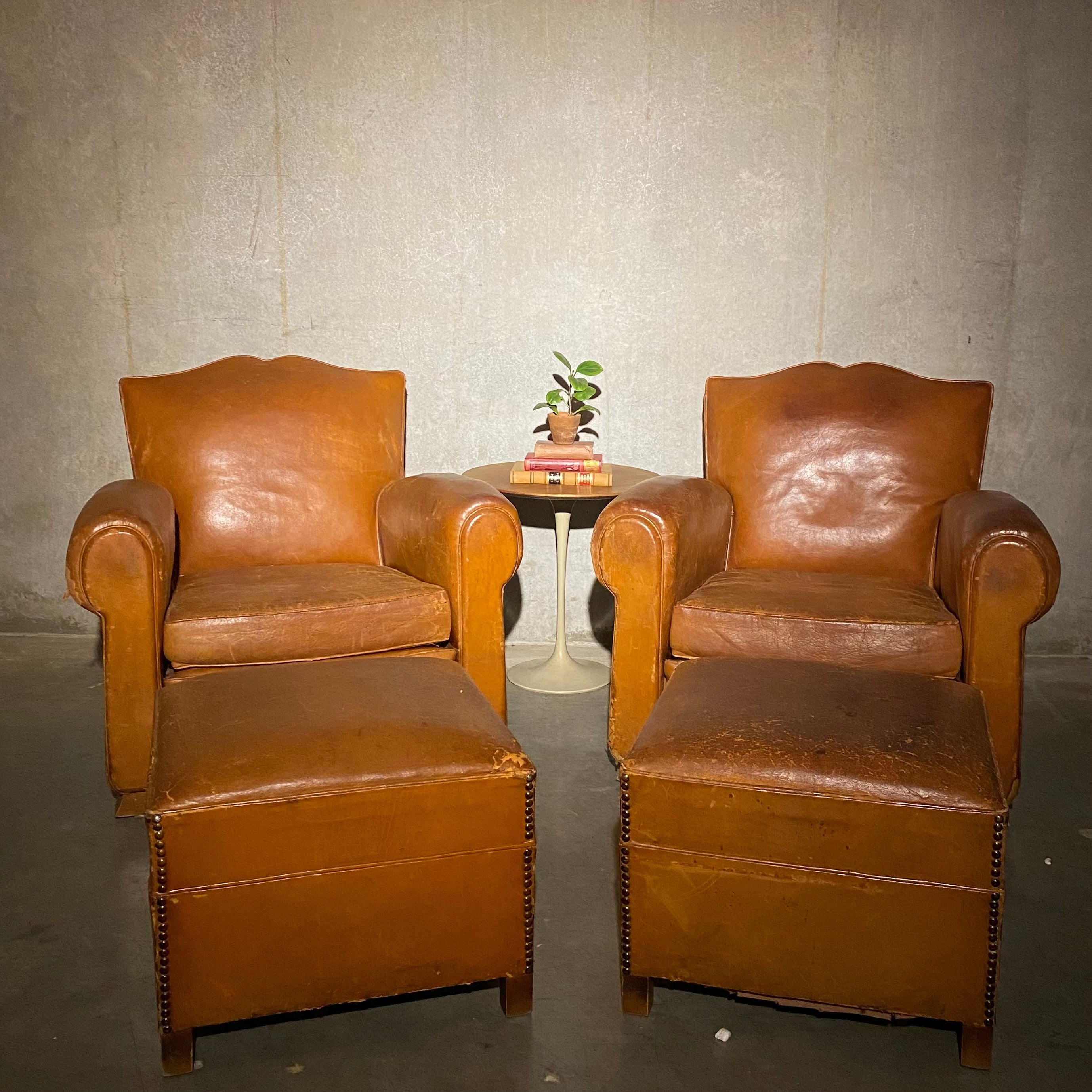 1920 French Brown Leather Club Chairs with Matching Ottoman's