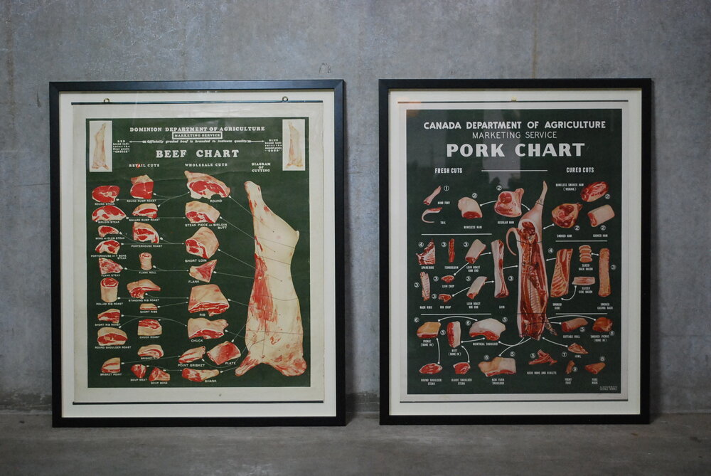 1950 framed Meat butcher shop charts | Scott Landon Antiques and Interiors.