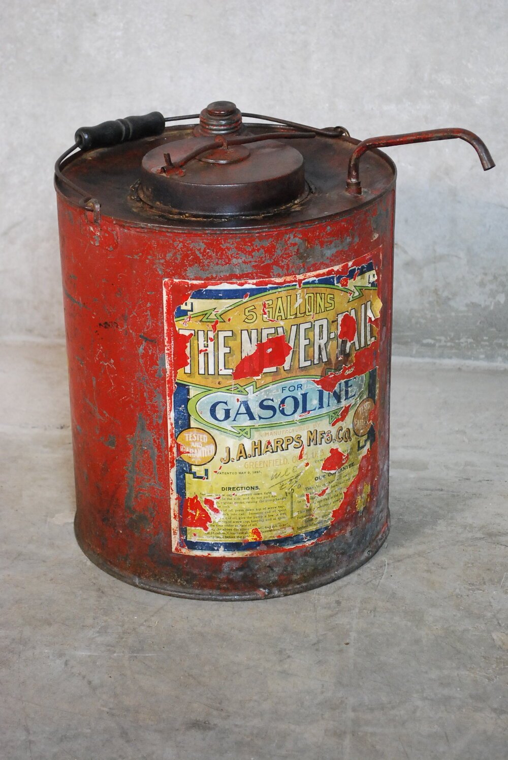 Rare Vintage "The Never Fail Gasoline Can"  5 Gallon, J.A. Harps Mfg Co., | Scott Landon Antiques and Interiors.