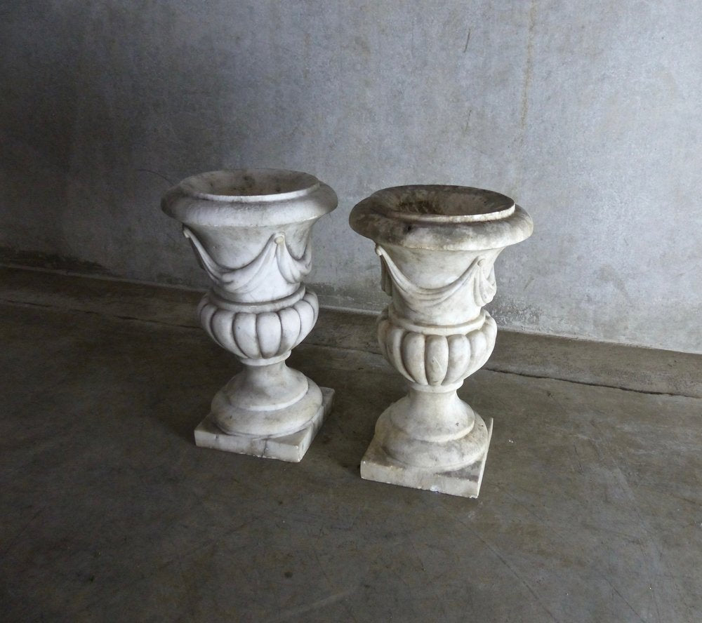 19th c Neoclassical Sculpted Italian Marble Urns Garden Planters | Scott Landon Antiques and Interiors.