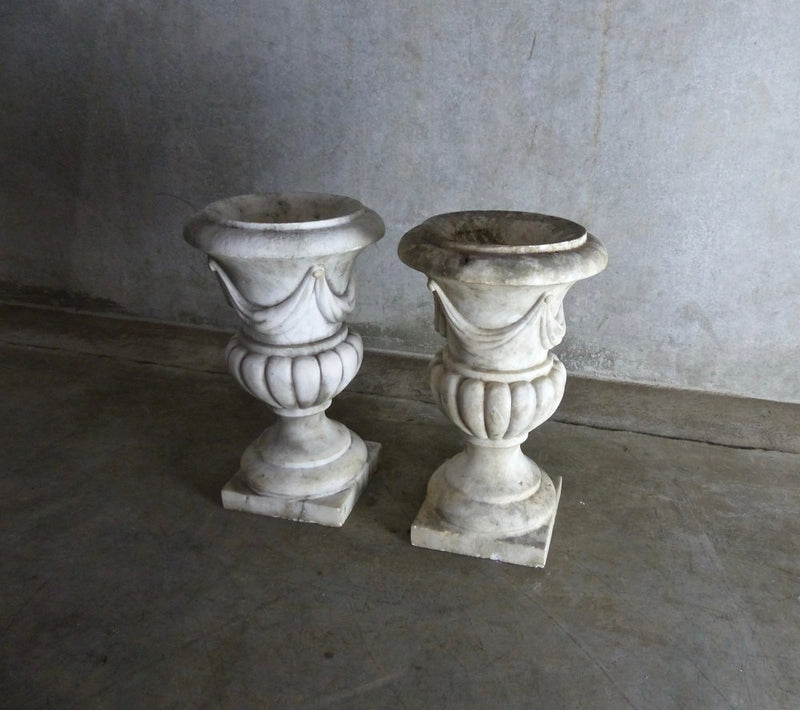 19th c Neoclassical Sculpted Italian Marble Urns Garden Planters | Scott Landon Antiques and Interiors.