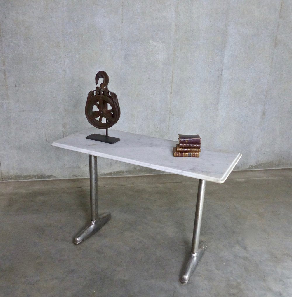 Streamlined Steel Desk Table with Carrara Marble Top | Scott Landon Antiques and Interiors.