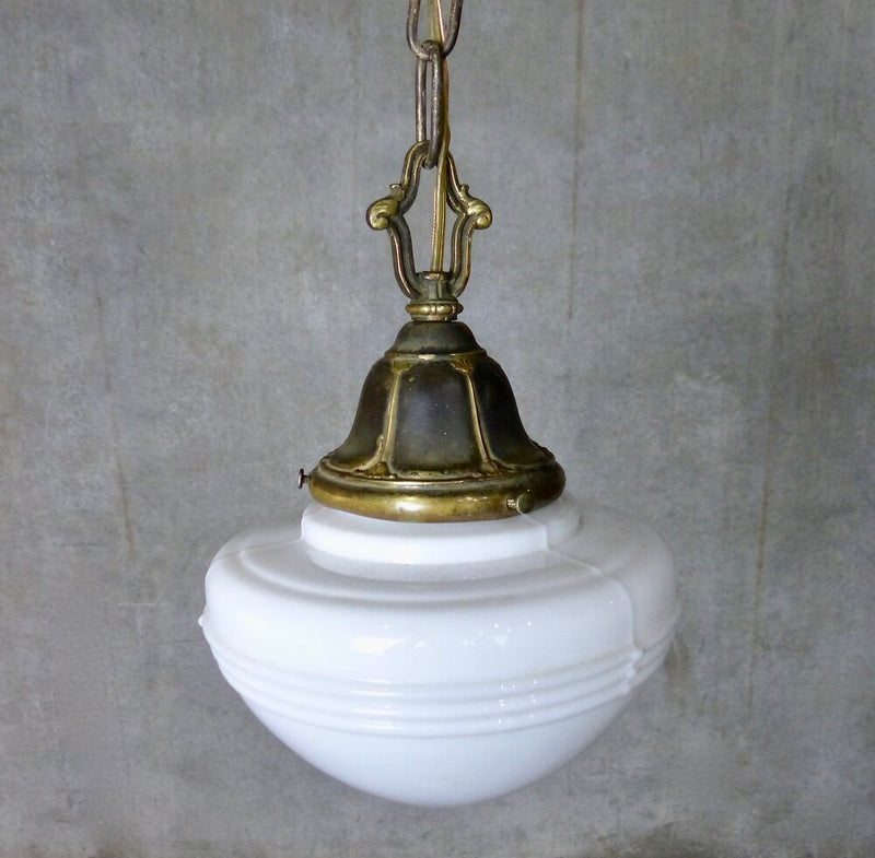 Circa 1920 Small Brass Pendant with Ribbed Milk Glass Shade | Scott Landon Antiques and Interiors.