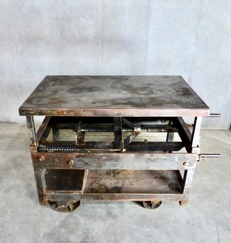 Circa 1920 Adjustable Industrial Crank Table on Wheels | Scott Landon Antiques and Interiors.