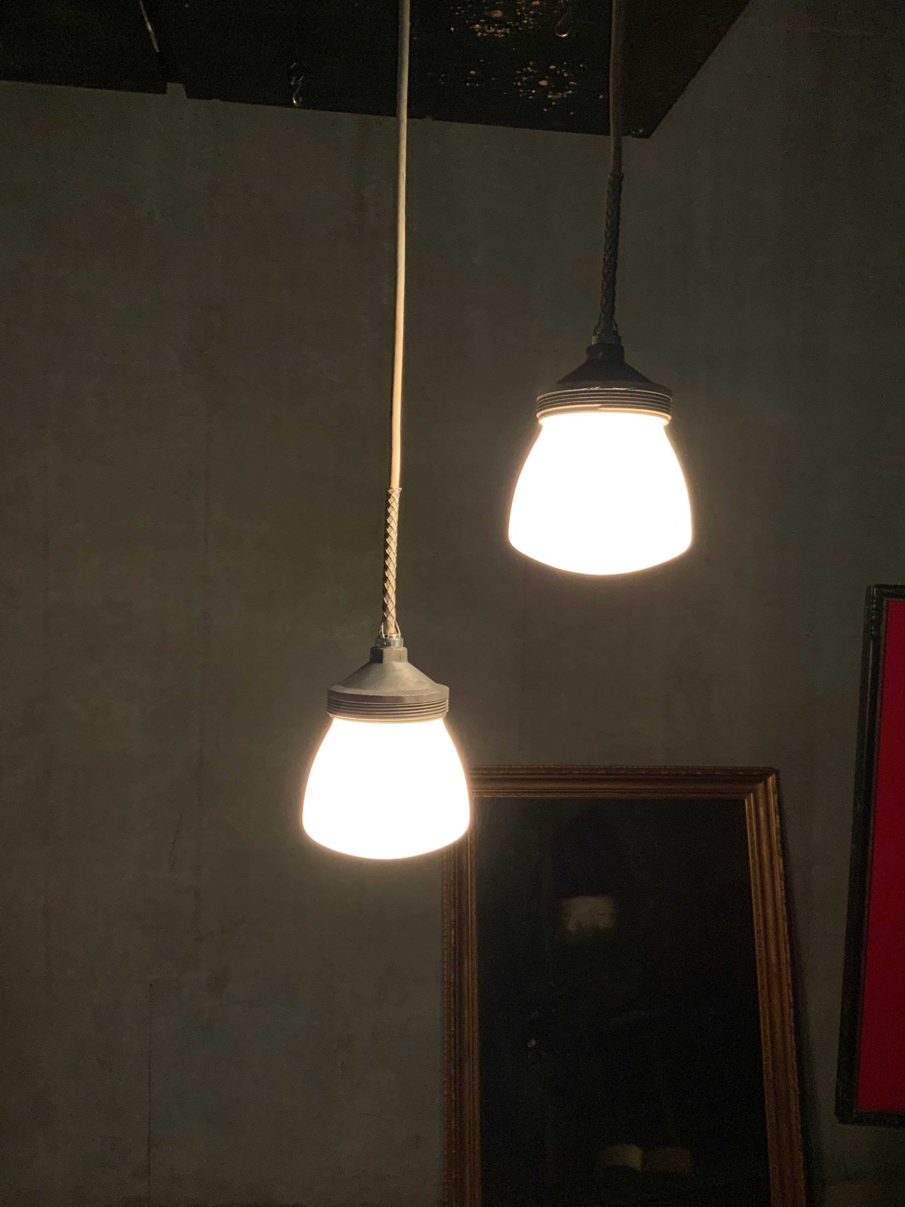 1950 Industrial Pendant Light with Milk Glass Shade