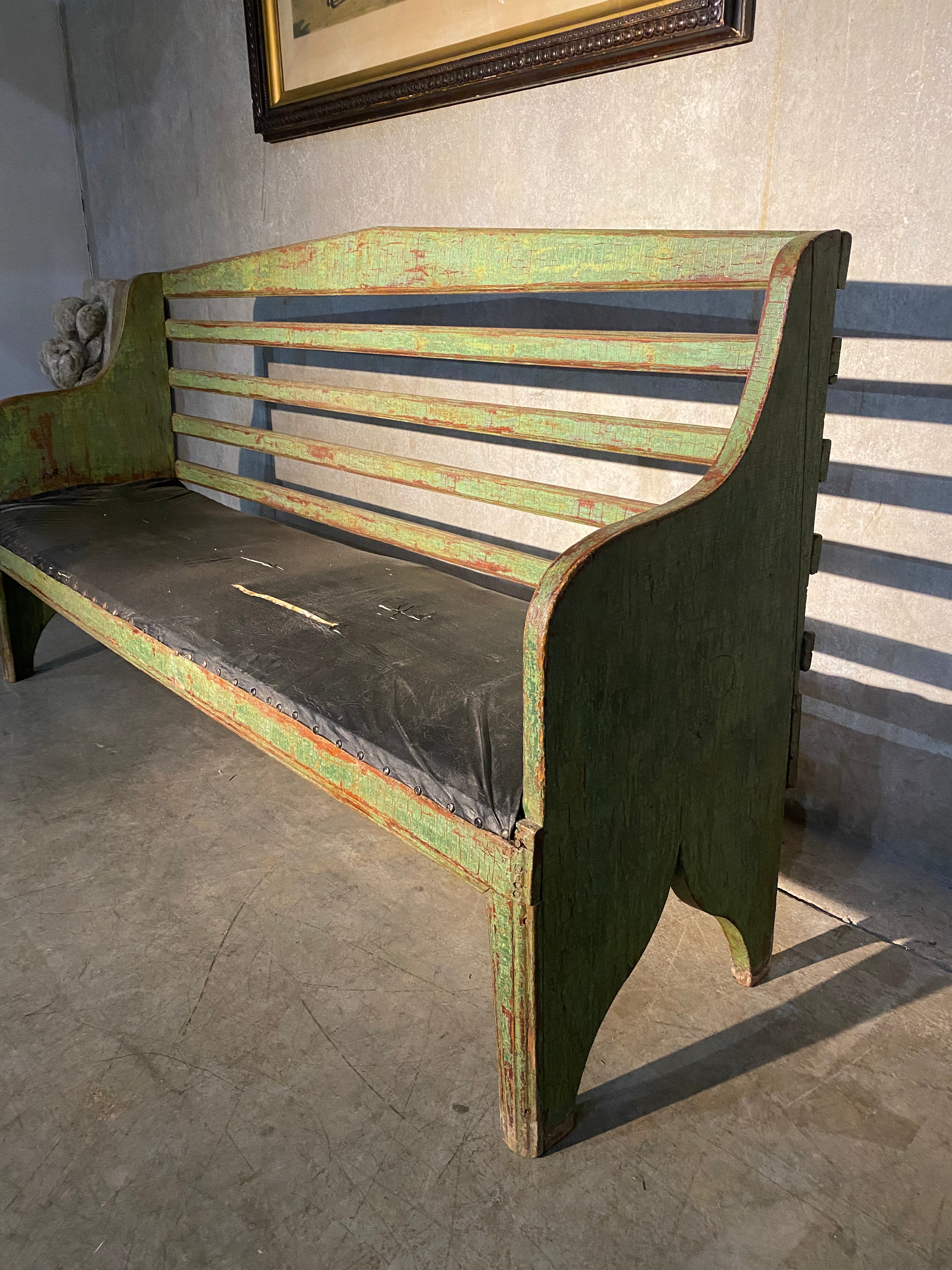 1890 Painted Pine Mennonite  Station Bench | Scott Landon Antiques and Interiors.