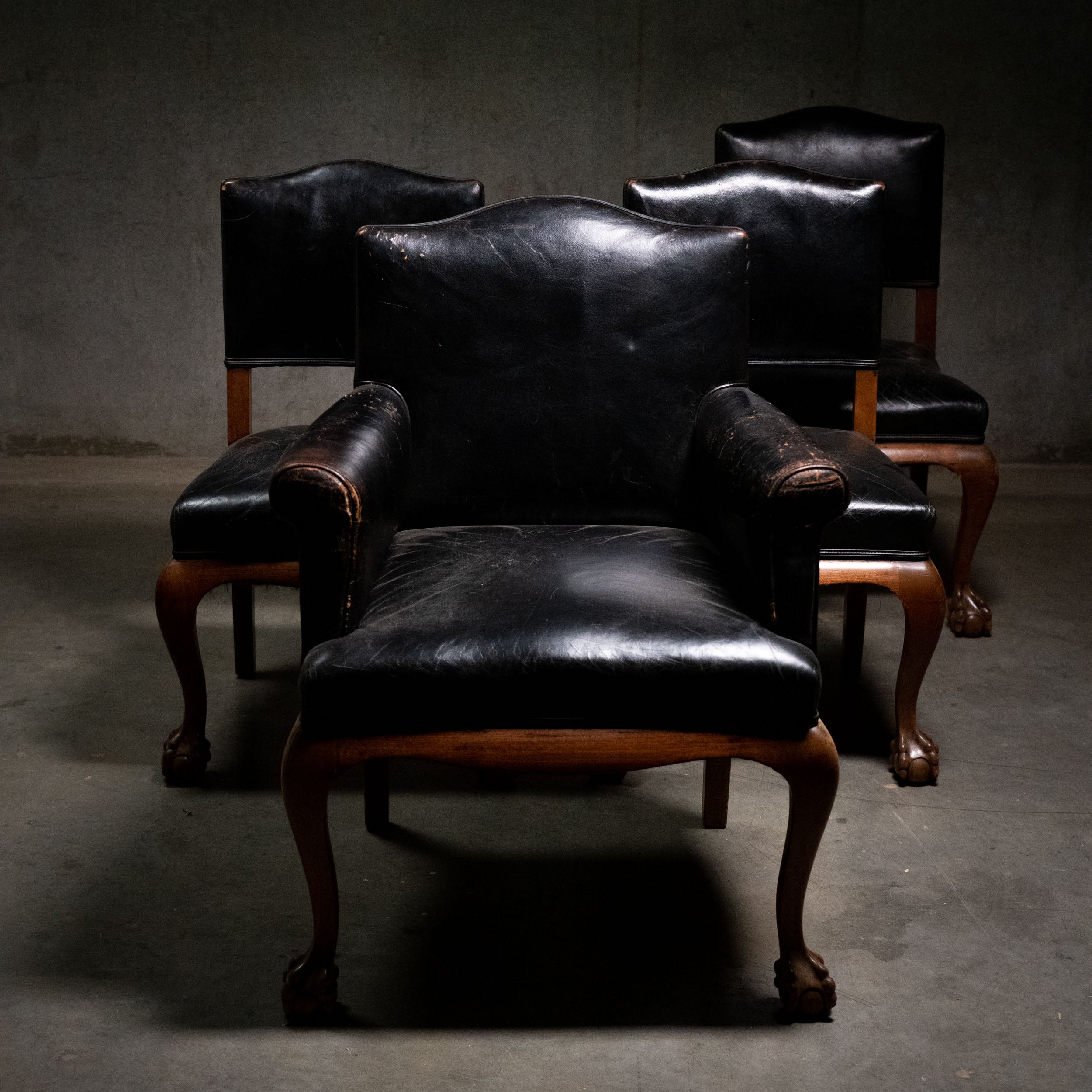 Set of Four 1890-1900 Walnut Leather Claw Foot Reading / Dining Chairs