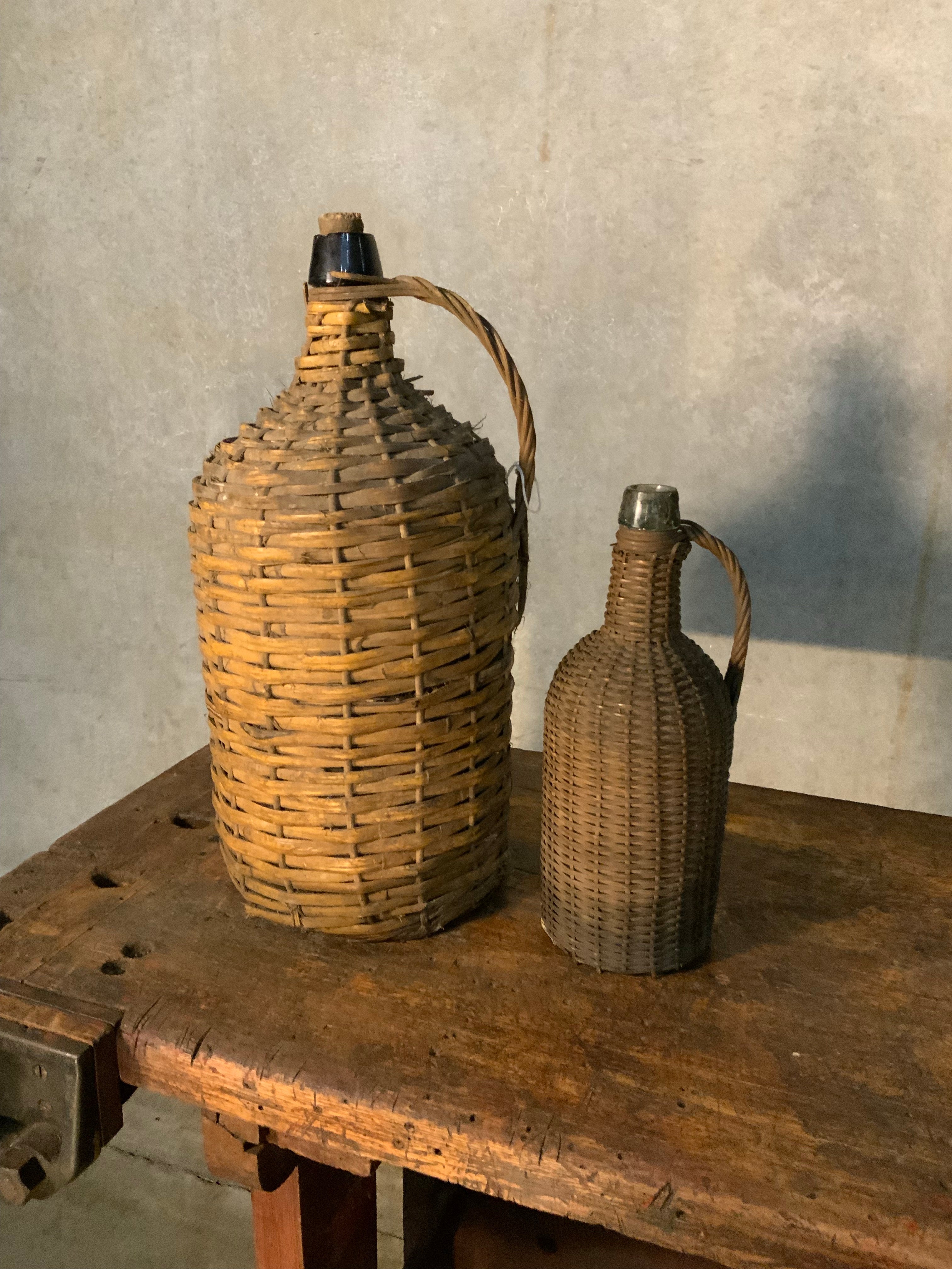 Antique Wine Bottle Jug Demijohn Carboy Glass Bottle Woven Wicker Covered Rattan | Scott Landon Antiques and Interiors.