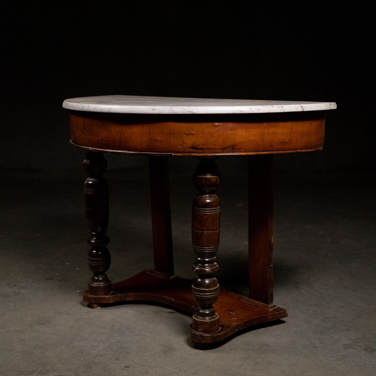 1890 French Walnut Demi-Lune Marble Half Table